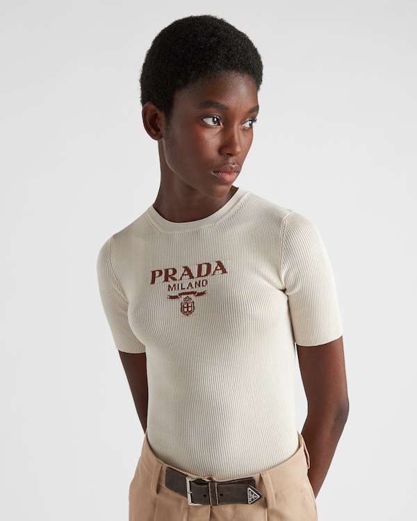 Silk crew-neck sweater with logo - Ivory Silk crew-neck sweater with logo - Ivory
