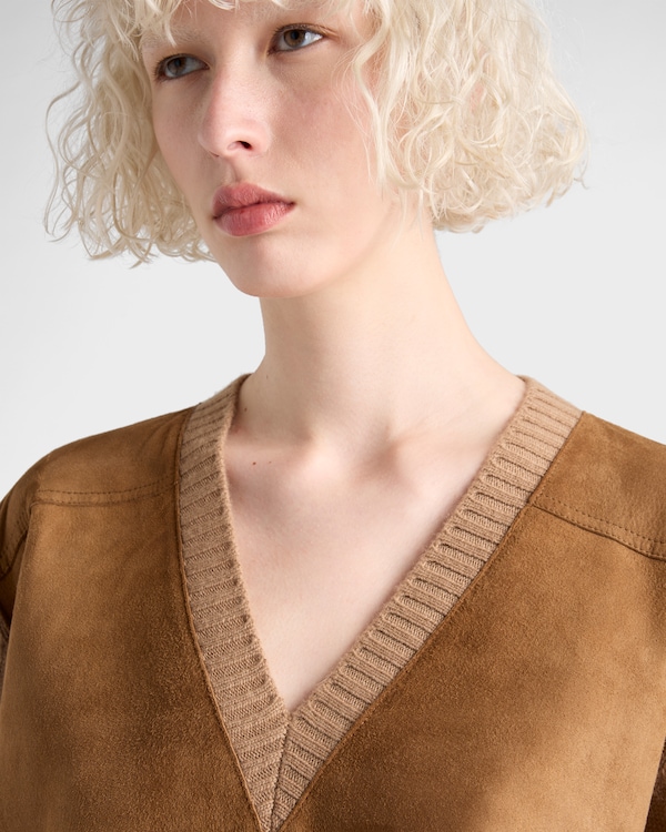 Cashmere, wool and suede sweater - Camel/Tobacco Cashmere, wool and suede sweater - Camel/Tobacco