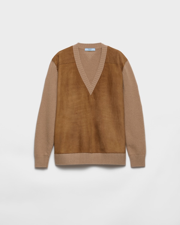 Cashmere, wool and suede sweater - Camel/Tobacco Cashmere, wool and suede sweater - Camel/Tobacco