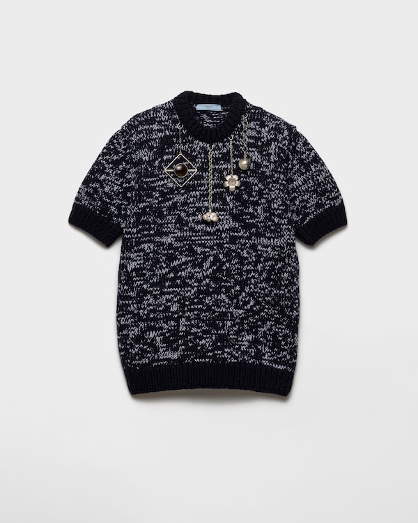 Short-sleeved wool sweater with pendants - Blue/White Short-sleeved wool sweater with pendants - Blue/White