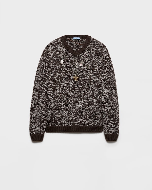 Wool crew-neck sweater with pendants - Dark Brown/Tan Wool crew-neck sweater with pendants - Dark Brown/Tan
