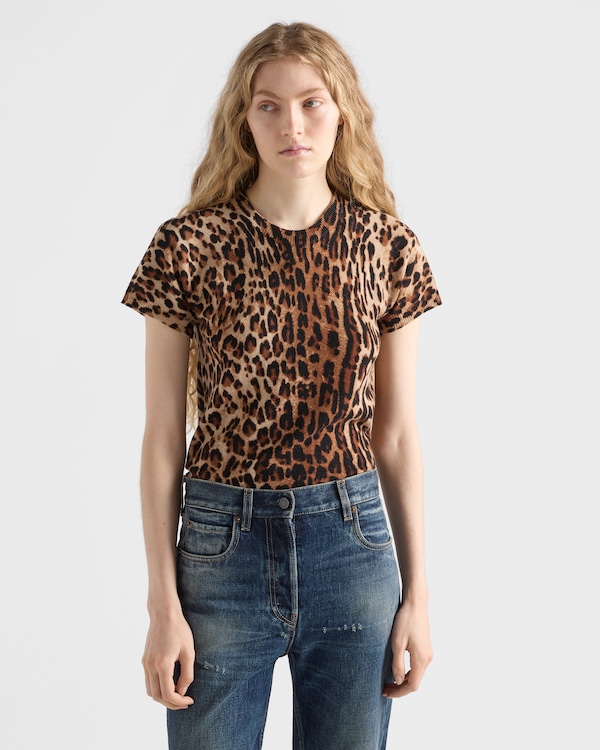 Short-sleeved printed cashmere sweater - Camel Brown Short-sleeved printed cashmere sweater - Camel Brown