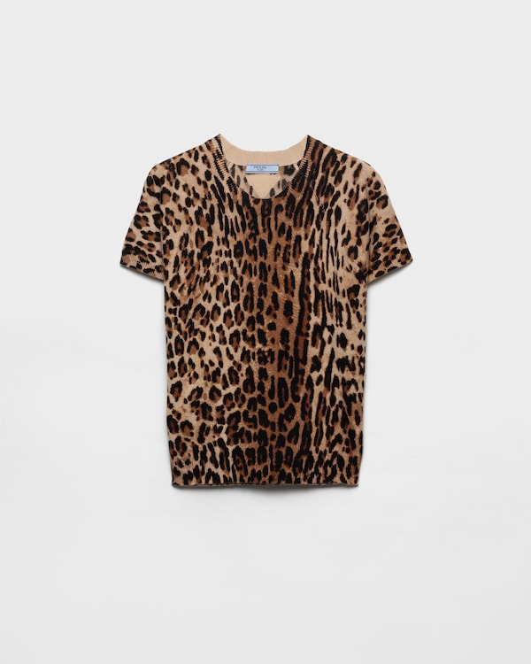 Short-sleeved printed cashmere sweater - Camel Brown Short-sleeved printed cashmere sweater - Camel Brown