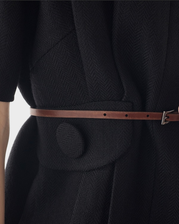 Short-sleeve chevron wool dress with belt - Black Short-sleeve chevron wool dress with belt - Black