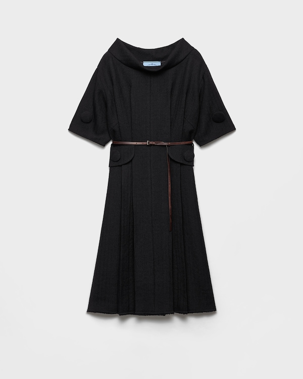 Short-sleeve chevron wool dress with belt - Black Short-sleeve chevron wool dress with belt - Black