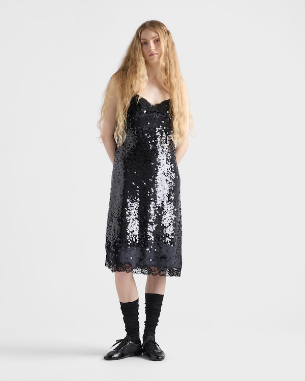 Embroidered velvet dress with sequins and lace - Black Embroidered velvet dress with sequins and lace - Black