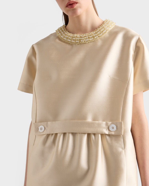Embroidered double shantung dress - Sand Beige Embroidered double shantung dress - Sand Beige
