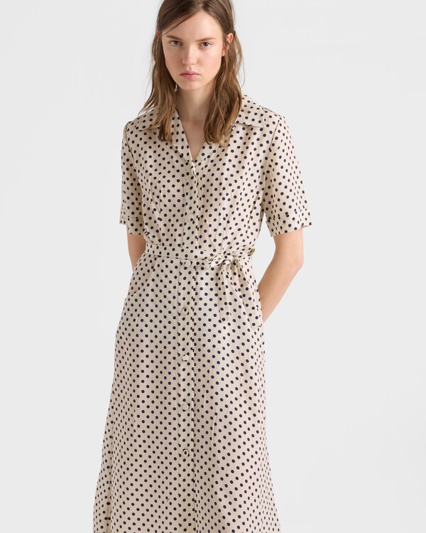 Polka-dot print marocain shirt dress - Beige Sable/Blue Polka-dot print marocain shirt dress - Beige Sable/Blue