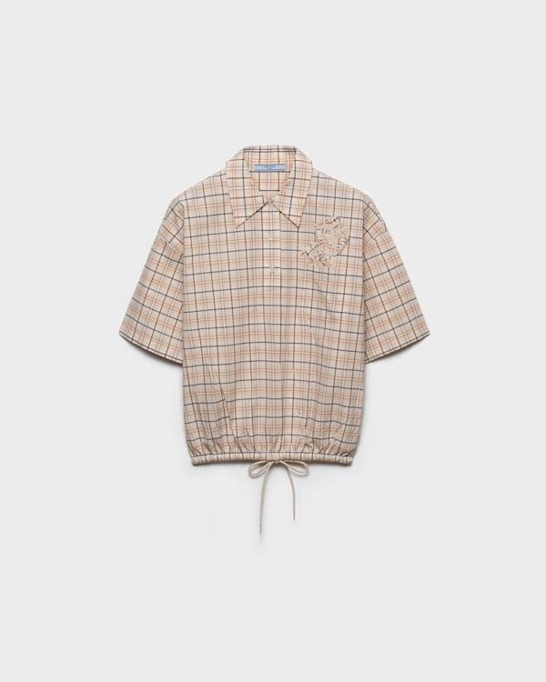 Embroidered checked poplin top - Natural/Lilac Embroidered checked poplin top - Natural/Lilac