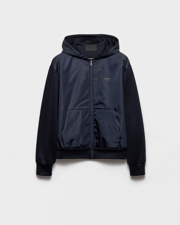 Technical cotton and Re-Nylon hoodie - Blue Technical cotton and Re-Nylon hoodie - Blue