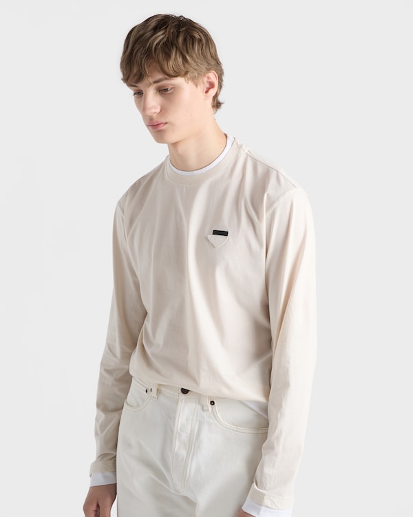 Long-sleeved cotton T-shirt - Talc/White Long-sleeved cotton T-shirt - Talc/White