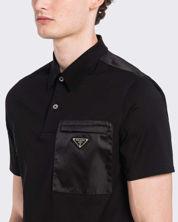 Stretch cotton polo shirt with Re-Nylon details - Black/Black Stretch cotton polo shirt with Re-Nylon details - Black/Black
